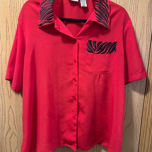 Vibrant Red Blouse with Zebra Print Collar - Picture 1 of 6
